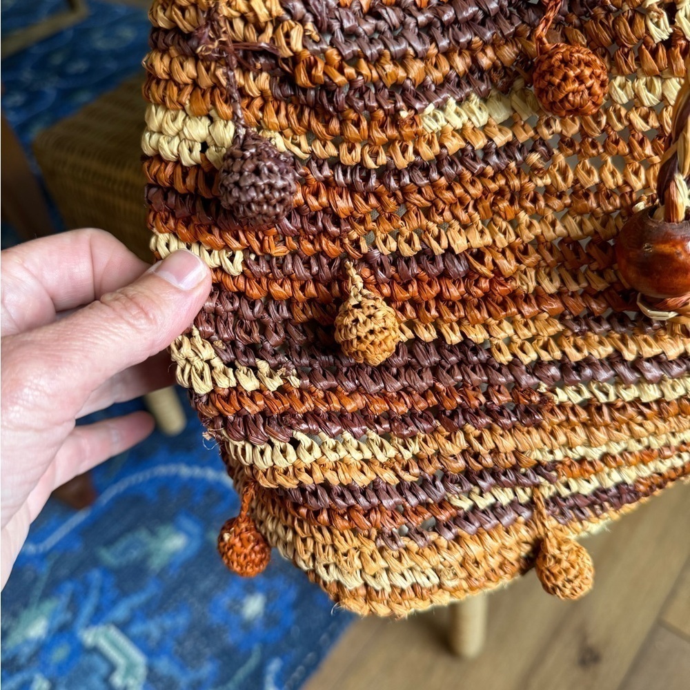 Flora Bella Anthropologie Raffia Leather Strap Shoulder Bag Detailed Pom Poms - Picture 2 of 12